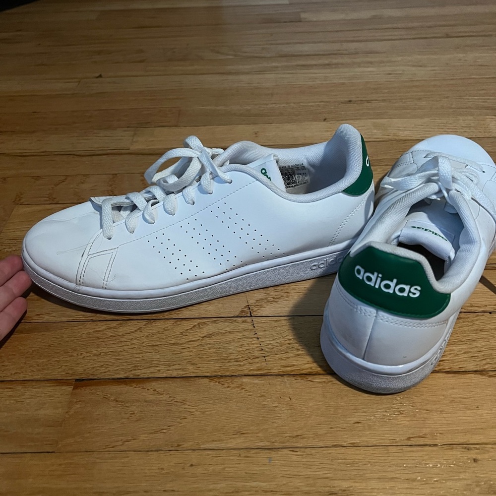 Adidas sneakers, white and green 9 1/2